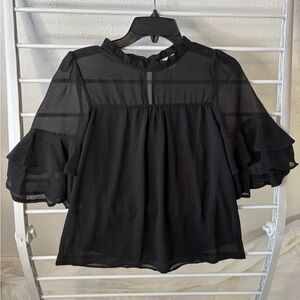 Monteau XS black flowy babydoll sheer, cami lining, ruffle sleeve & neck EUC